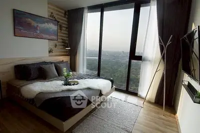 Luxurious bedroom with stunning city view and modern decor