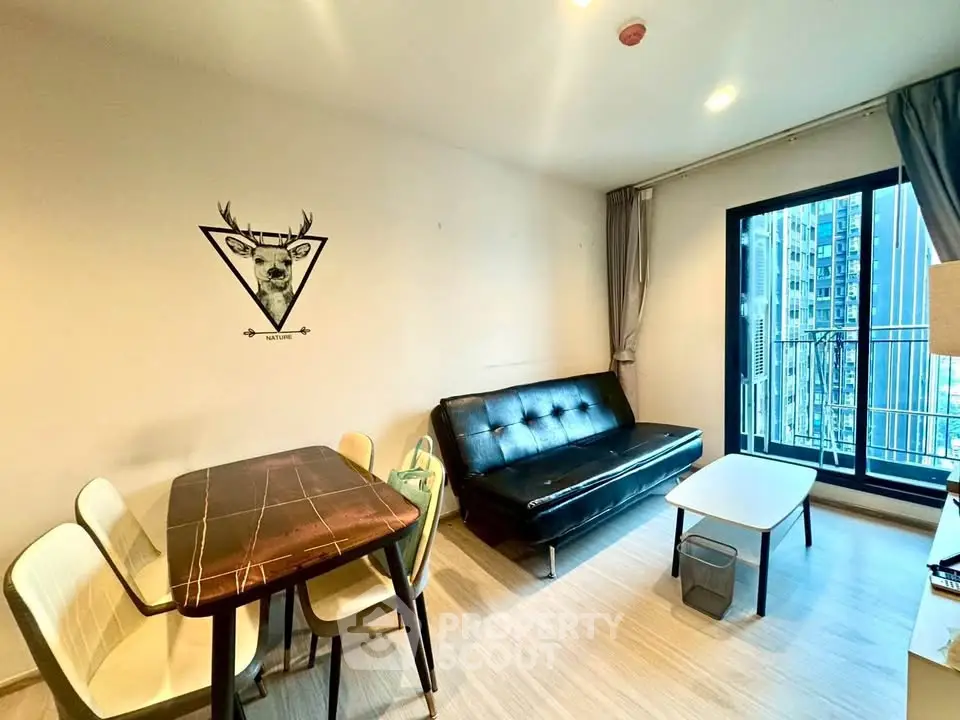 Modern living room with stylish decor and city view balcony