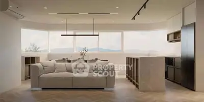 Spacious modern living room with panoramic windows and elegant decor