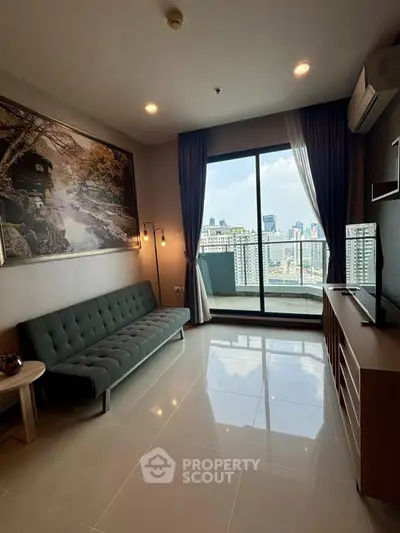 Modern living room with city view and stylish decor