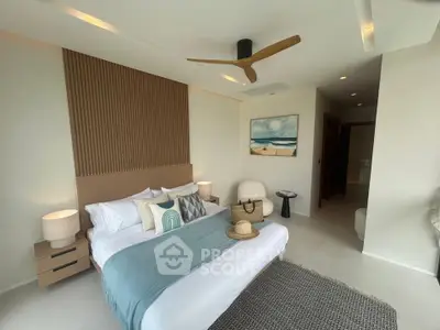 Luxurious bedroom with modern decor and serene ambiance, featuring stylish furniture and elegant design.