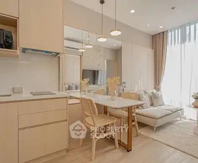 Modern open-layout living room with natural light and cozy furnishings.