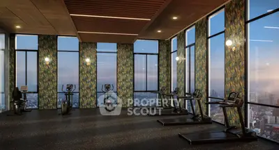 Luxurious high-rise gym with panoramic city views and modern equipment.