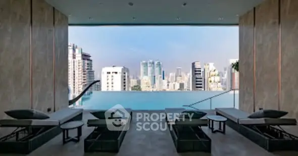 Luxurious rooftop infinity pool with stunning city skyline view, perfect for relaxation and leisure.