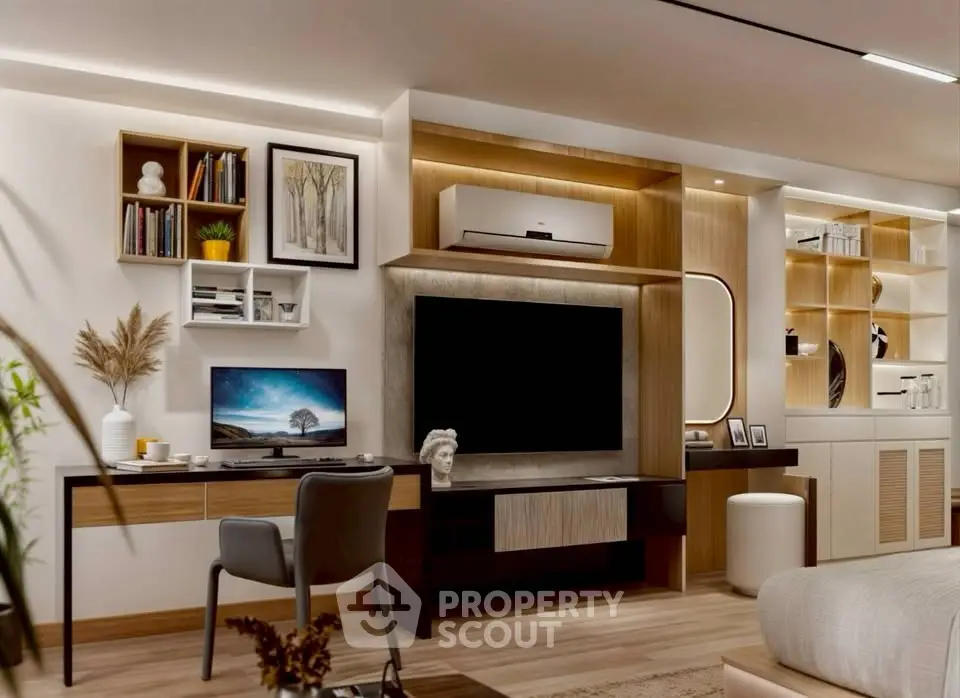 Modern living room with stylish decor and built-in shelving