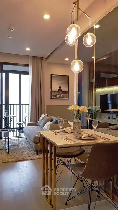 Stylish modern living room with elegant dining area and balcony view