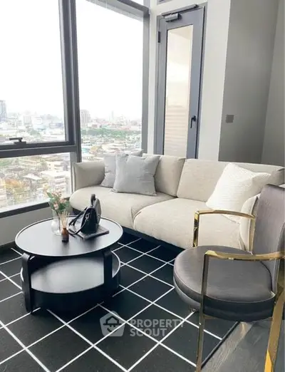Modern living room with panoramic city view and stylish furniture