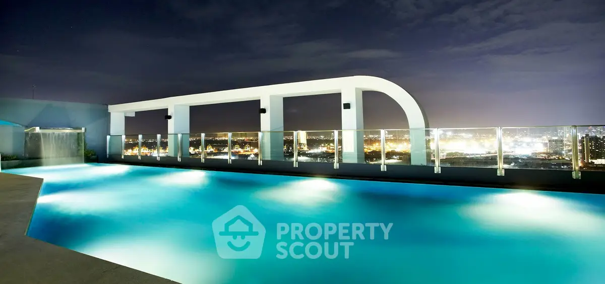 Luxurious rooftop pool with stunning city skyline views at night.