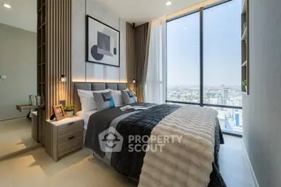 Luxurious modern bedroom with floor-to-ceiling windows and stunning city view.