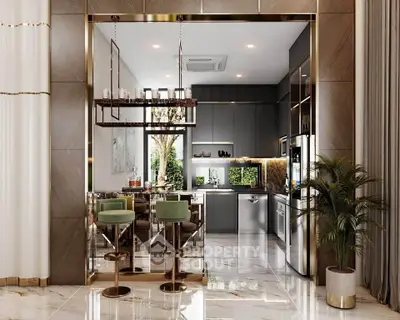 Luxurious modern kitchen with sleek design, featuring high-end appliances and elegant decor.