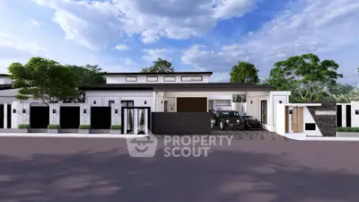 Modern luxury home exterior with sleek design and spacious driveway under a clear blue sky.