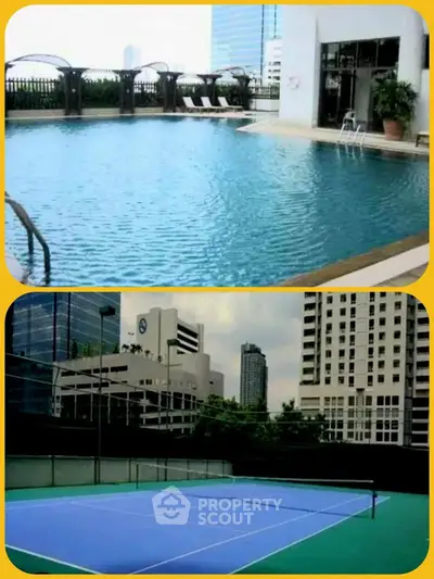 Luxurious rooftop pool and tennis court with stunning city views in a modern high-rise building.