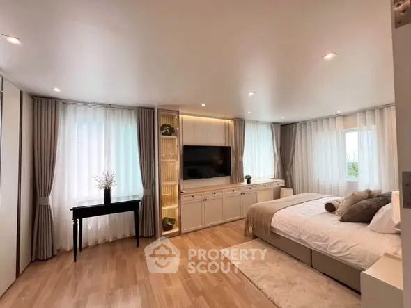 Spacious modern bedroom with elegant decor and natural light