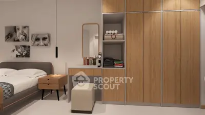 Modern bedroom with stylish wooden wardrobe and cozy bed setup