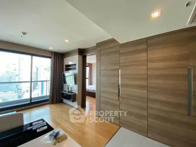 Modern apartment interior with wooden accents and city view