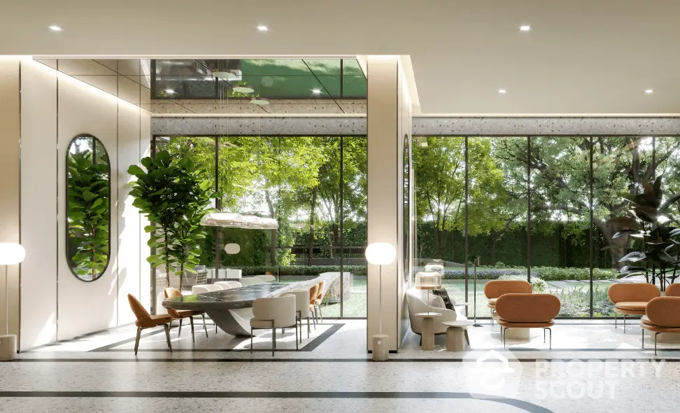 Luxurious modern living room with large windows and lush garden view