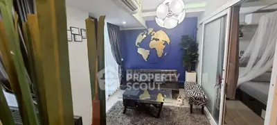 Stylish living room with world map decor and modern furnishings.