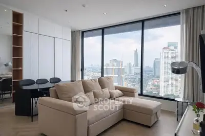 Luxurious living room with stunning city view and modern furnishings