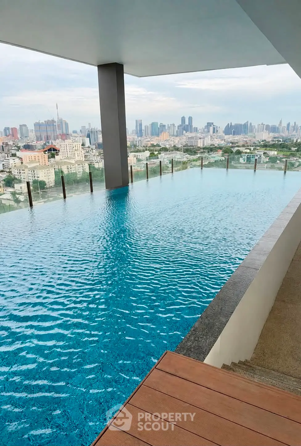 Stunning rooftop infinity pool with breathtaking city skyline view, perfect for luxury urban living.