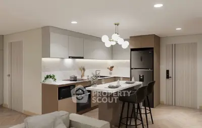 Modern kitchen with island, sleek cabinets, and stylish lighting in a contemporary apartment.