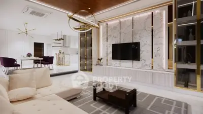 Luxurious modern living room with elegant marble wall and stylish furniture