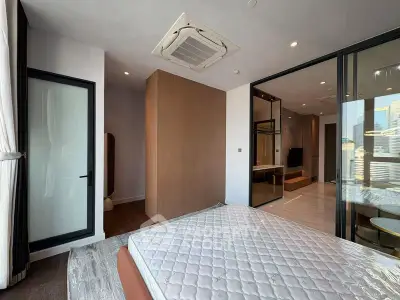 Modern bedroom with glass partition and city view
