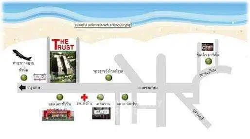 Map showing location of The Trust condominium near the beach with nearby landmarks.