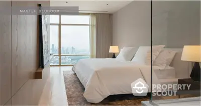 Luxurious master bedroom with floor-to-ceiling windows offering a panoramic city view, complemented by a plush king-size bed and elegant decor.