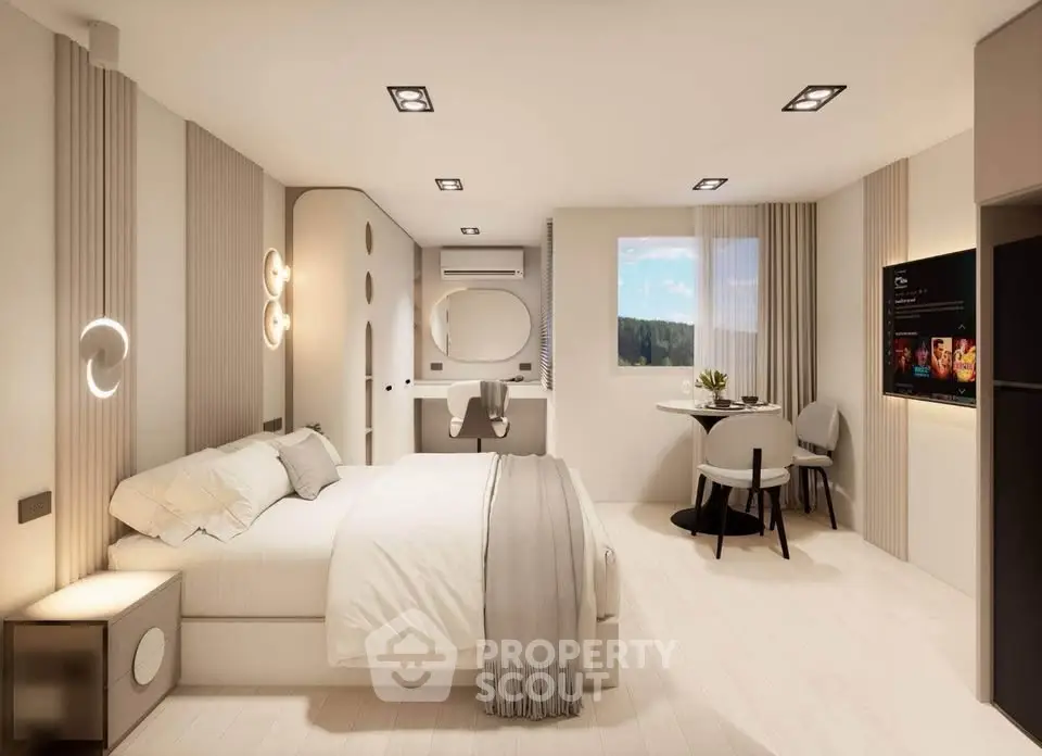 Luxurious modern bedroom with elegant decor and scenic window view