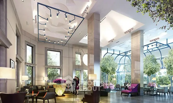 Luxurious lobby with high ceilings, elegant decor, and abundant natural light in a prestigious building.