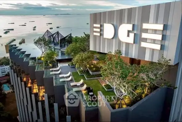 Luxurious rooftop garden with stunning ocean view at modern high-rise building