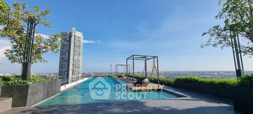 Luxurious rooftop pool with stunning city skyline views and modern design.