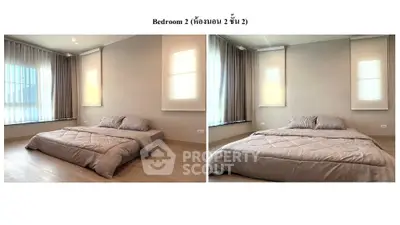 Spacious and well-lit bedroom with large windows, modern lighting, and elegant wooden flooring, perfect for restful living.