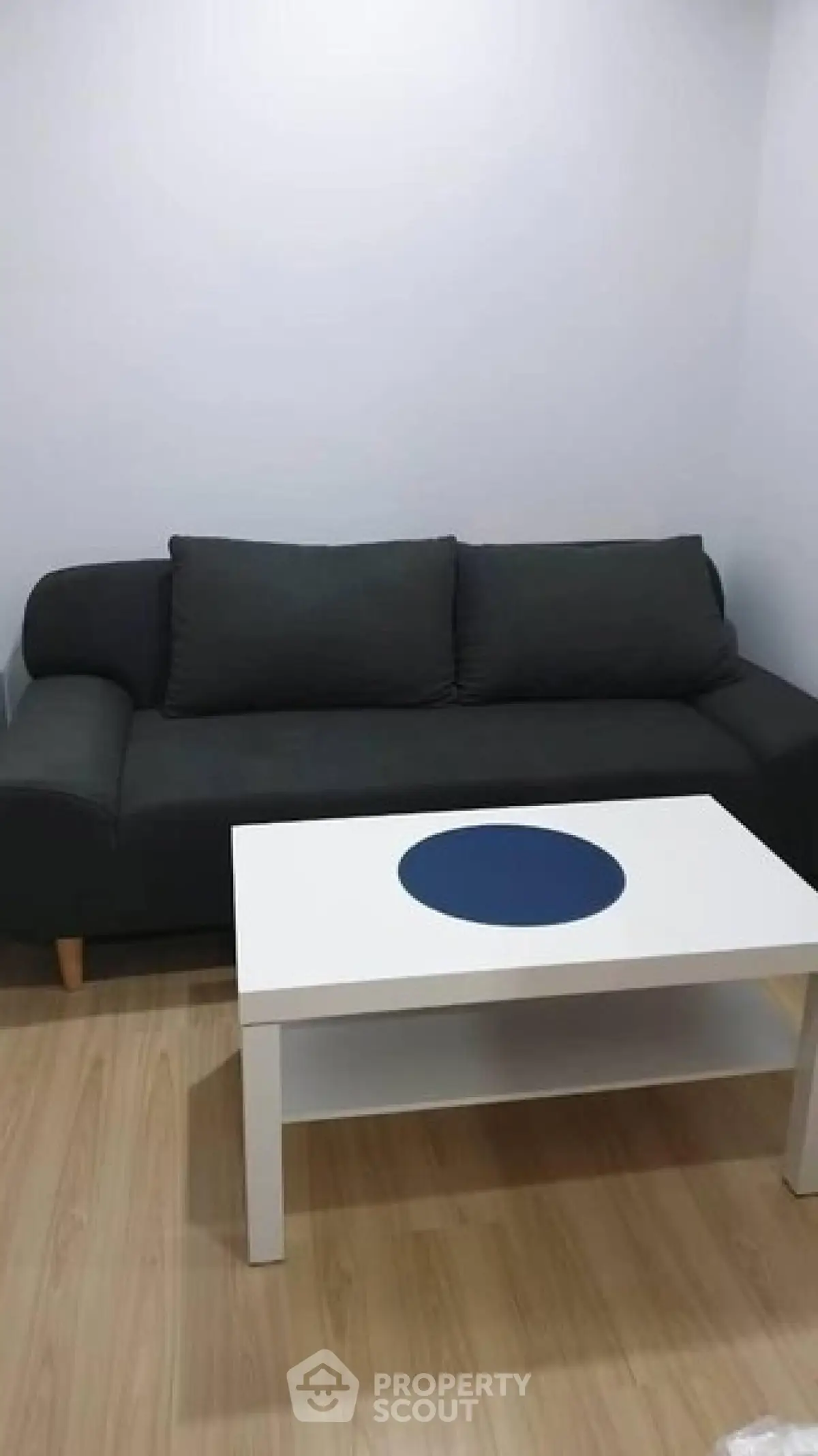 Cozy living room with modern black sofa and sleek white coffee table on wooden floor.