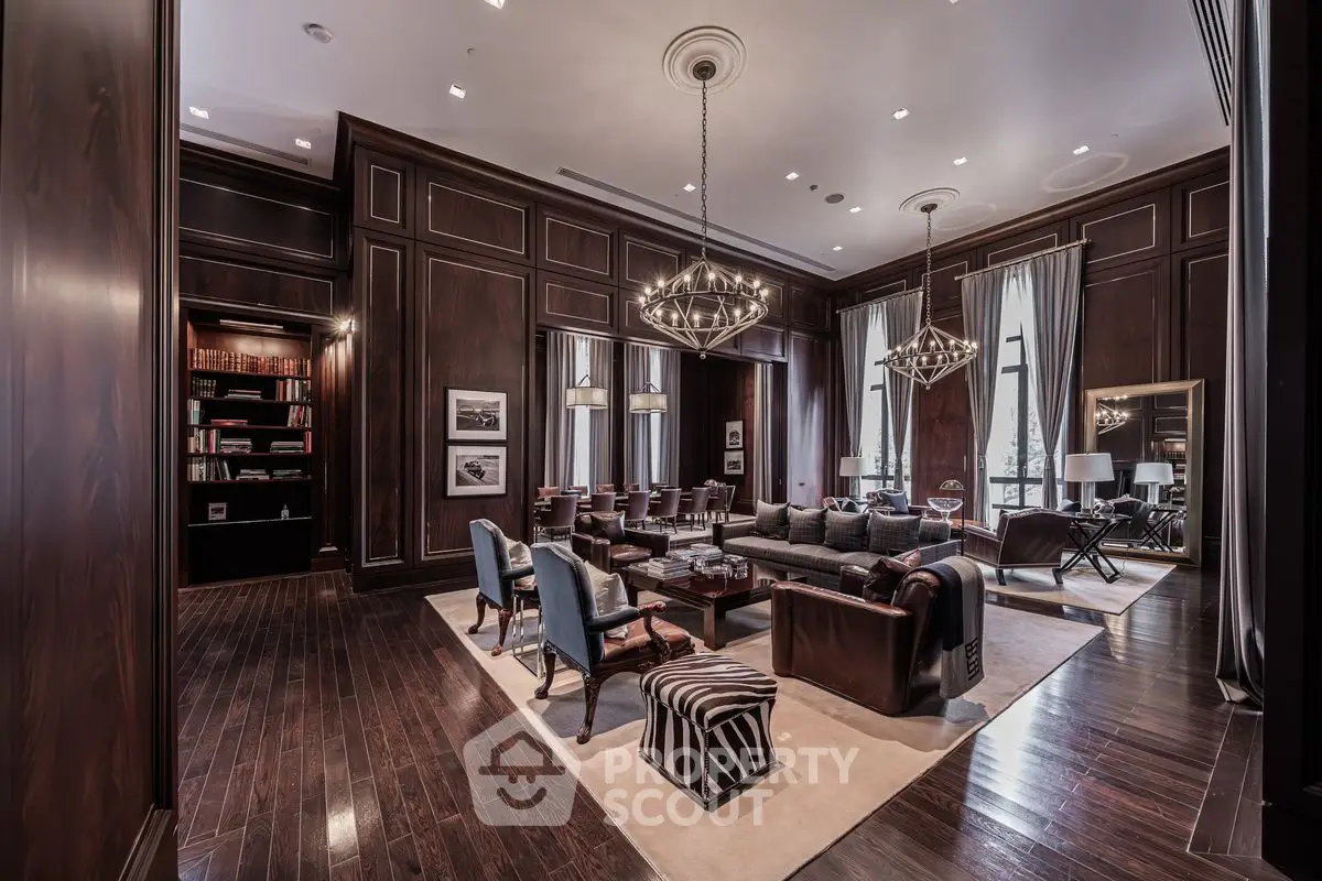 Luxurious living room with elegant wood paneling and sophisticated decor