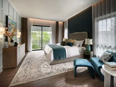 Luxurious bedroom with elegant decor and balcony view