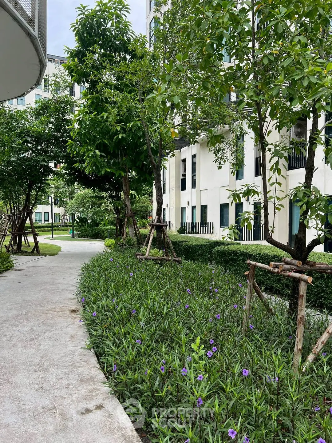 Lush garden pathway in modern residential complex