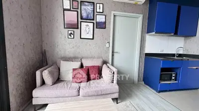 Modern living room with stylish decor and compact kitchen area, featuring a cozy sofa and vibrant blue cabinets.