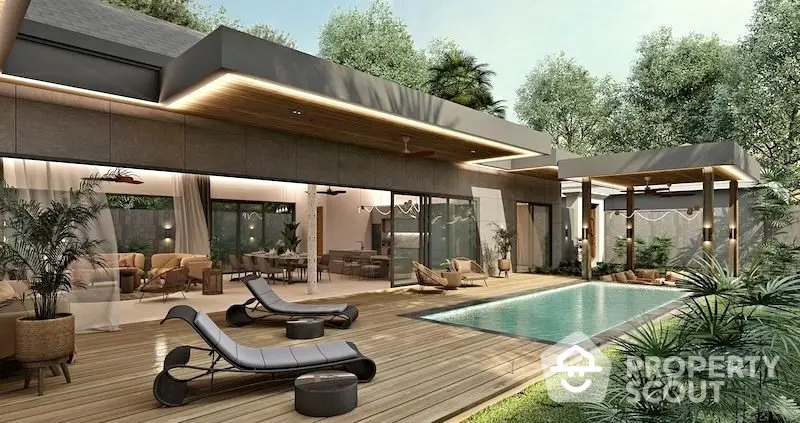 Luxurious modern villa with private pool and spacious deck surrounded by lush greenery, perfect for relaxation.