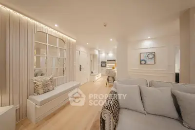 Luxurious modern living room with elegant decor and ambient lighting