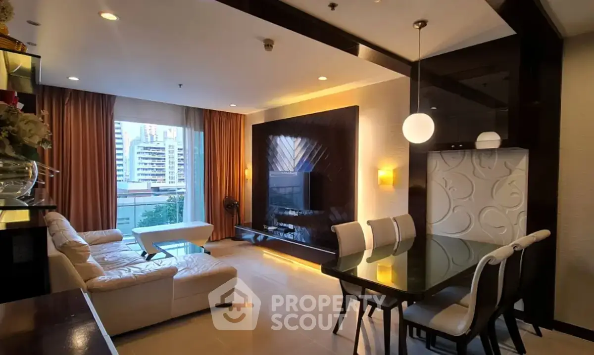 Luxurious modern living room with elegant dining area and city view