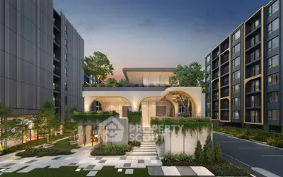 Luxurious modern apartment complex with lush greenery and elegant architecture at sunset.