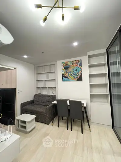 Modern living room with stylish decor and cozy seating area