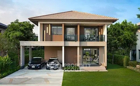 Luxurious two-story house with modern design, spacious driveway, and lush greenery, perfect for family living.