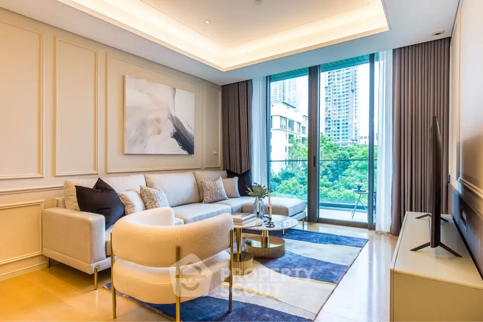 Luxurious modern living room with elegant decor and stunning city view from large windows.