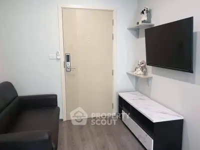 Modern living room with sleek TV setup and stylish decor