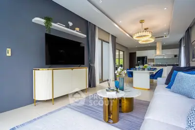 Luxurious modern living room with elegant decor and open kitchen layout