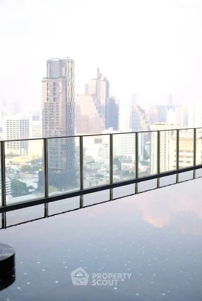 Stunning cityscape view from a luxurious rooftop pool with glass railing.