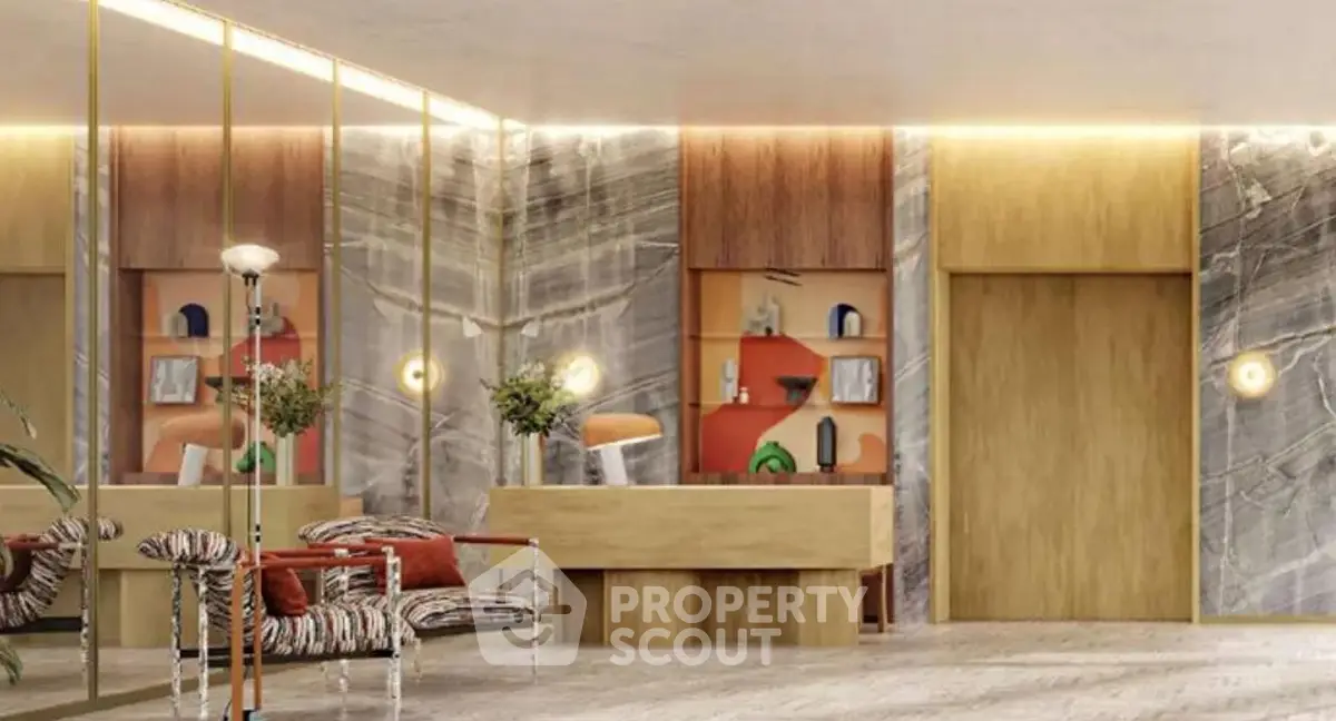 Luxurious modern lobby with elegant decor and ambient lighting