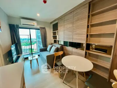 Modern living room with balcony and stylish wooden shelving
